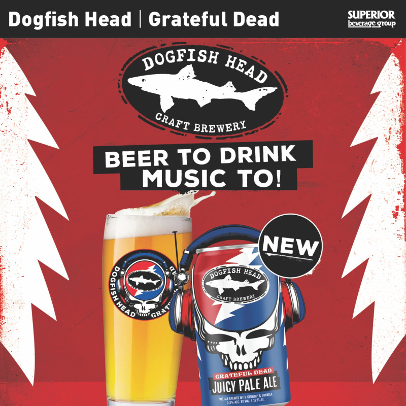DOGFISH HEAD BEER - Grateful Dead Juicy Pale Ale - 6 Pack Can (Item# 16266), 1/6 BBL (Item# 16280), 1/2 BBL (Item# 16281)