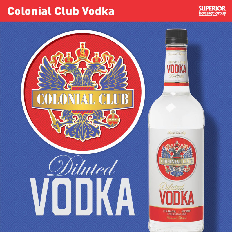 COLONIAL CLUB - Item# 116012 -1.75L VODKA |  Item# 116015 -375ML VODKA |  Item# 116036 -750ML VODKA -GLASS |  Item# 116071 -50ML VODKA 10/12 |  Item# 116076 -750ML VODKA TRAVELER |  Item# 27105 -200ML VODKA