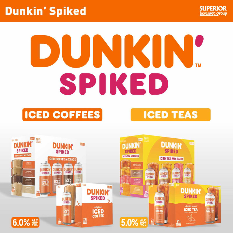 DUNKIN SPIKED - Dunkin' Spiked - Coffee Original 6/4pk Cans (Item# 15592), Coffee Variety 2/12pk Cans (Item# 15590), Slightly Sweet Tea 4/6pk Cans (Item# 15589), Tea Variety 2/12pk Cans (Item# 15591)