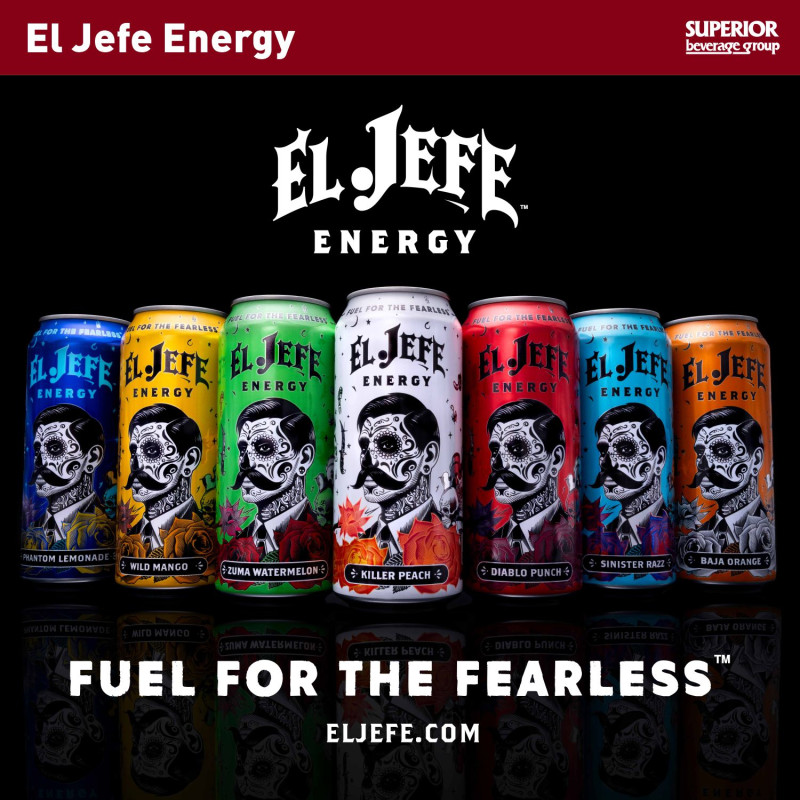 EL JEFE - 12 Pack 16oz Cans | Baja Orange (Item# 16941), Diablo Punch (Item# 16938), Killer Peach (Item# 16937), Mailo Tamarindo (Item# 16942), Phantom Lemonade (Item# 16939), Sinister Razz (Item# 16940), Wild Mango (Item# 16943), Zuma Watermelon (Item# 16936)