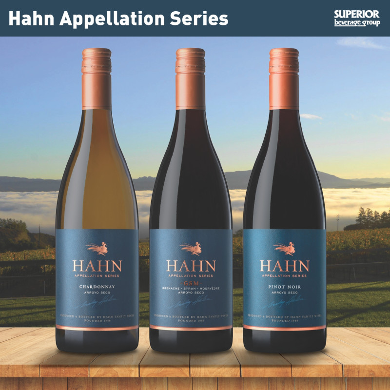 HAHN - Hahn Appellation Series - Chardonnay 750ml (Item# 113715), GSM Red Blend 750ml (Item# 113594), Pinot Noir 750ml (Item# 113593)