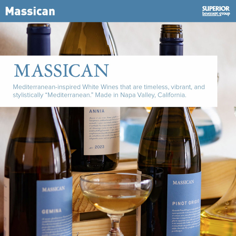 MASSICAN - Annia 750ml (Item#113838) | Gemina 750ml (Item# 113839) | Napa Chard. (Item# 113842) | Pinot Grigio (Item# 113840) | Sauv. Blanc (Item# 113841)