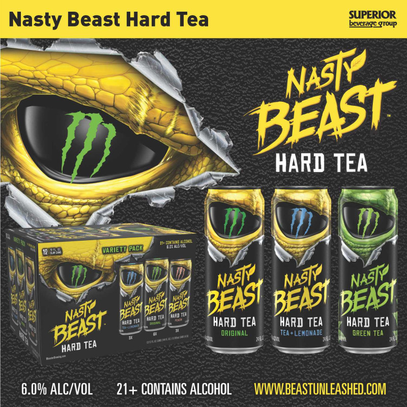 NASTY BEAST - Nasty Beast Hard Tea - Original 24oz Can (Item# 15651), Lemonade 24oz Can (Item# 15652), Green Tea 24oz Can (Item# 15653), Variety 12 Pack Cans (Item# 15650)