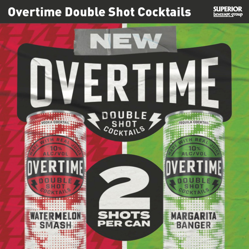 OVERTIME - Double Shot Cocktails 24 Pack 12oz Cans | Margarita Banger (Item# 26755), Watermelon Smash (Item# 26754), Orange Citrus (Item# 26678), Vegas Bomb (Item# 26679)