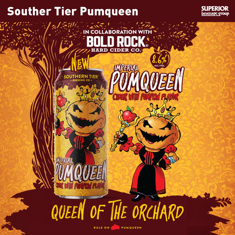 SOUTHERN TIER - Pumqueen Cider with Pumpkin Flavor | 6/4 Pack 16oz Cans (Item# 16919), 1/6 BBL (Item# 16917), 1/2 BBL (Item# 16918)